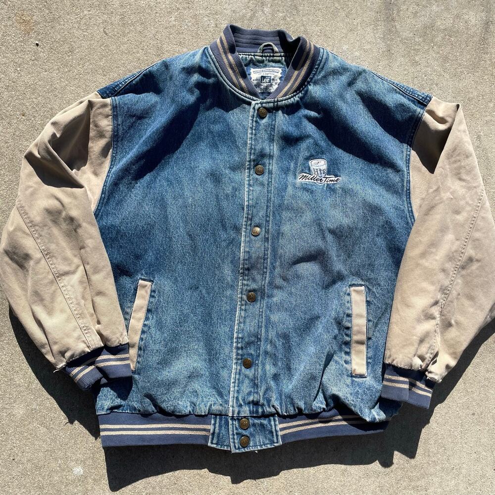 Vintage 90s Lee Denim Miller Time Green Bay Packers Varsity Bomber Jacket XL